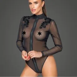 Body Manches Longues Broderies Et Zip - Noir Handmade -Sextoys boutique body tulle avec broderie 2