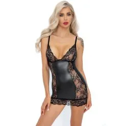 Mini Robe En Dentelle Et Wetlook ‘Boudoir Stories’ – Noir Handmade